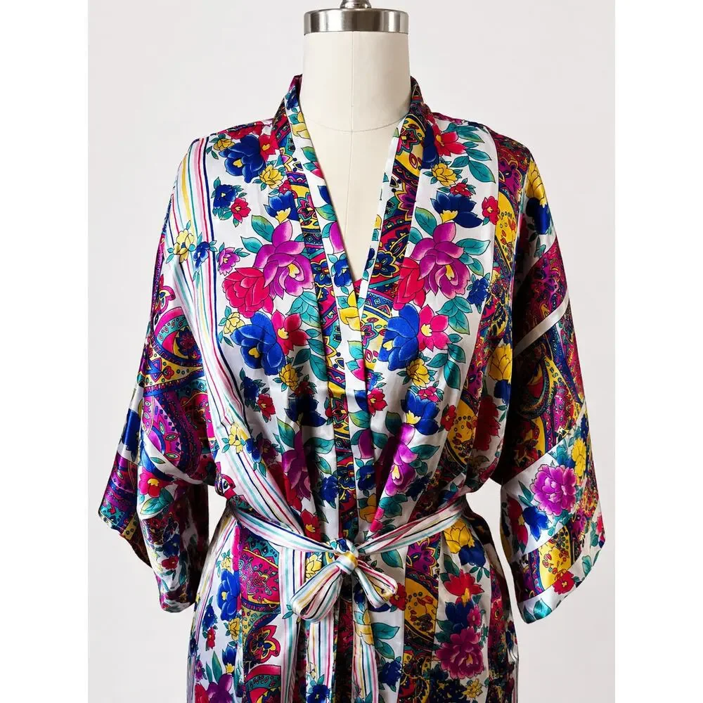 Secret Treasures Satin Robe Nightgown Set M L Floral Paisley Kimono Lingerie